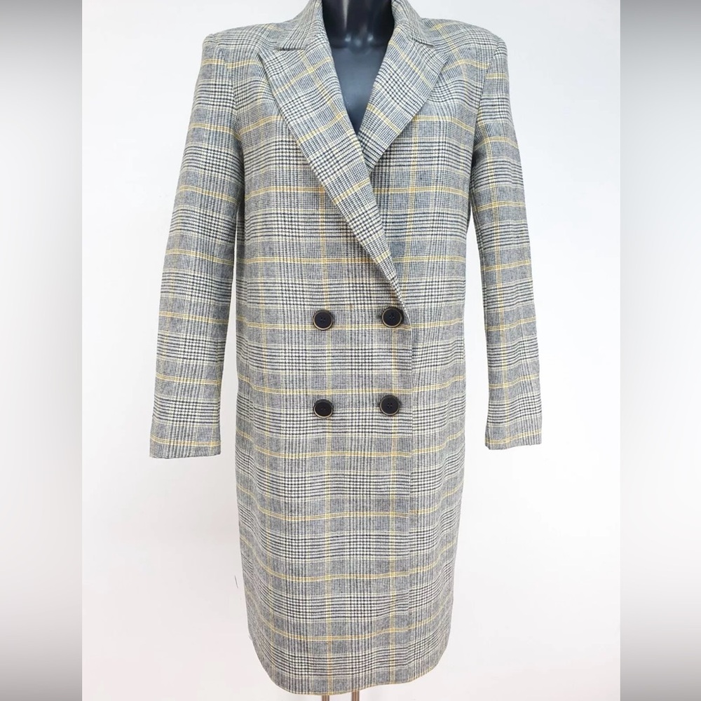 ZARA LONG DOUBLE-BREASTED CHECK WOOL BLEND COAT LONG JACKET XS GREY YELLOW TWEED